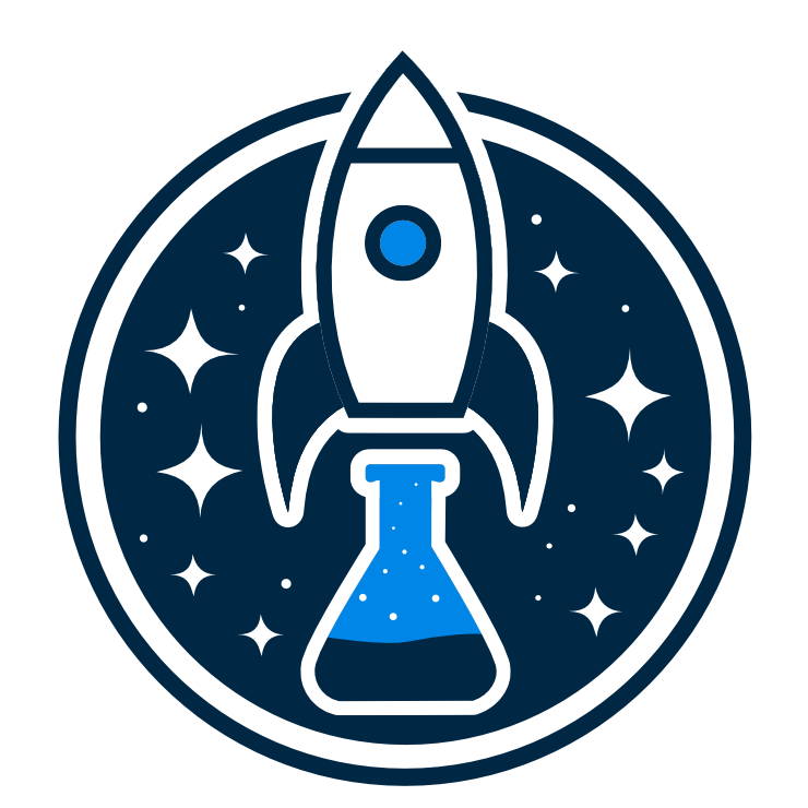 Pad19 Labs Logo - a rocket with a lab beaker